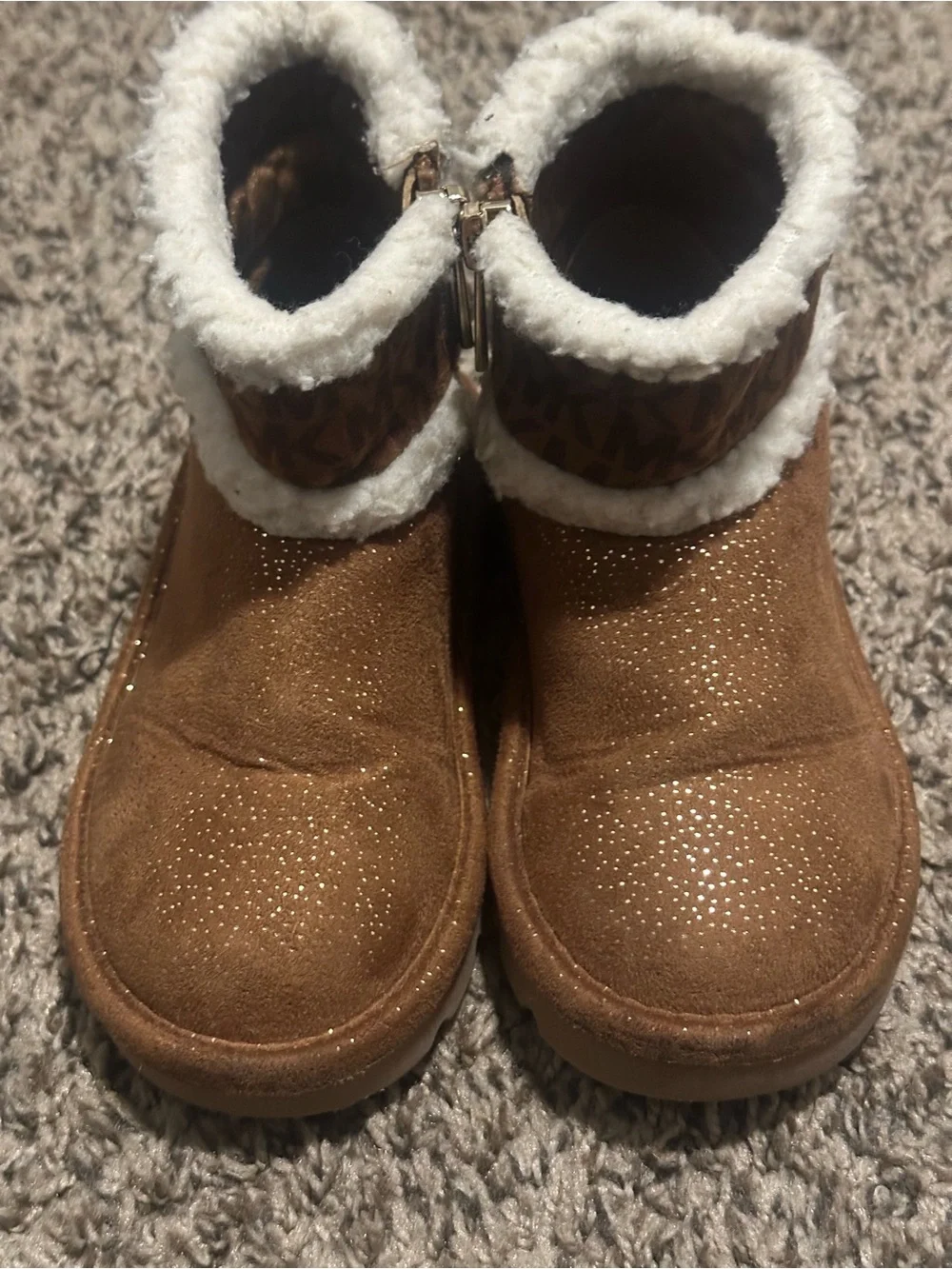 Michael Kors Girls' Tan Brown Faux-Shearling Logo Cuff Ankle Boots